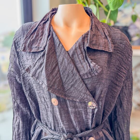 Cut Loose, Sheer Wrinkle Linen Silk Blend Trench Coat Brown w/ Gold Sheen-Medium - Picture 2 of 10